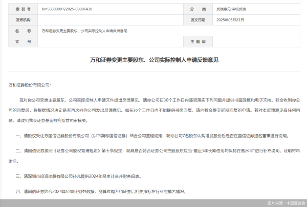 慧眼智行 万和证券变更主要股东、公司实际控制人申请获监管反馈意见